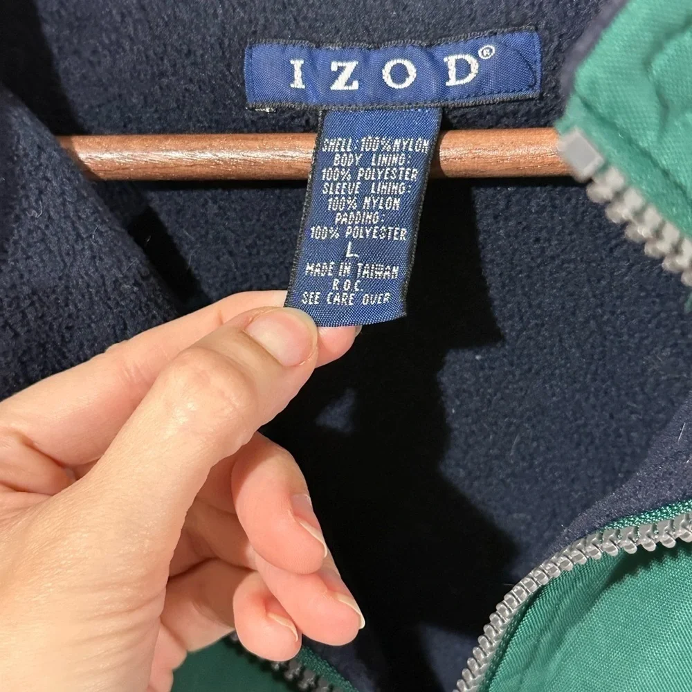 Vintage Izod Green Full Zip Jacket Nylon Shell Fleece Lined Size L